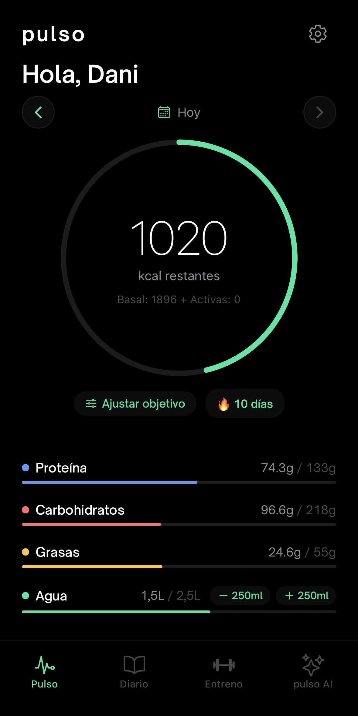 Pantalla principal de Pulso AI: anillo de calorías y macros del día